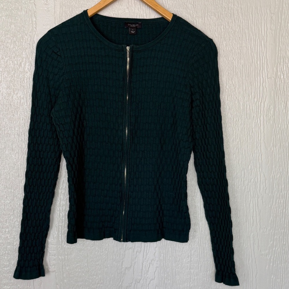 Ann Taylor Factory Womens Green Basketweave Zip Front Cardigan Sweater Small EUC